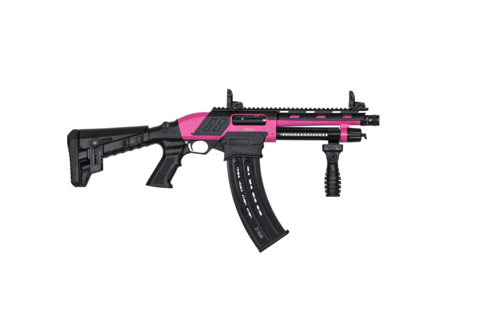 Federation Firearms SPM-12 9″ Shorty, 12ga 3″ magazine-fed pump action shotgun. Prison Pink Finish.